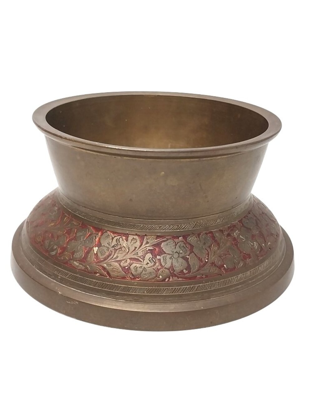 Vintage Etched Floral Brass Pedestal Bowl Red Enamel Stamped India